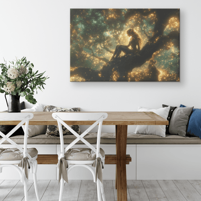 Female Blood Elf Hunter Perched on Treetop Shimmering Green Textures Cascading Golden Highlights Canvas Wall Art - Awakening Righteousness