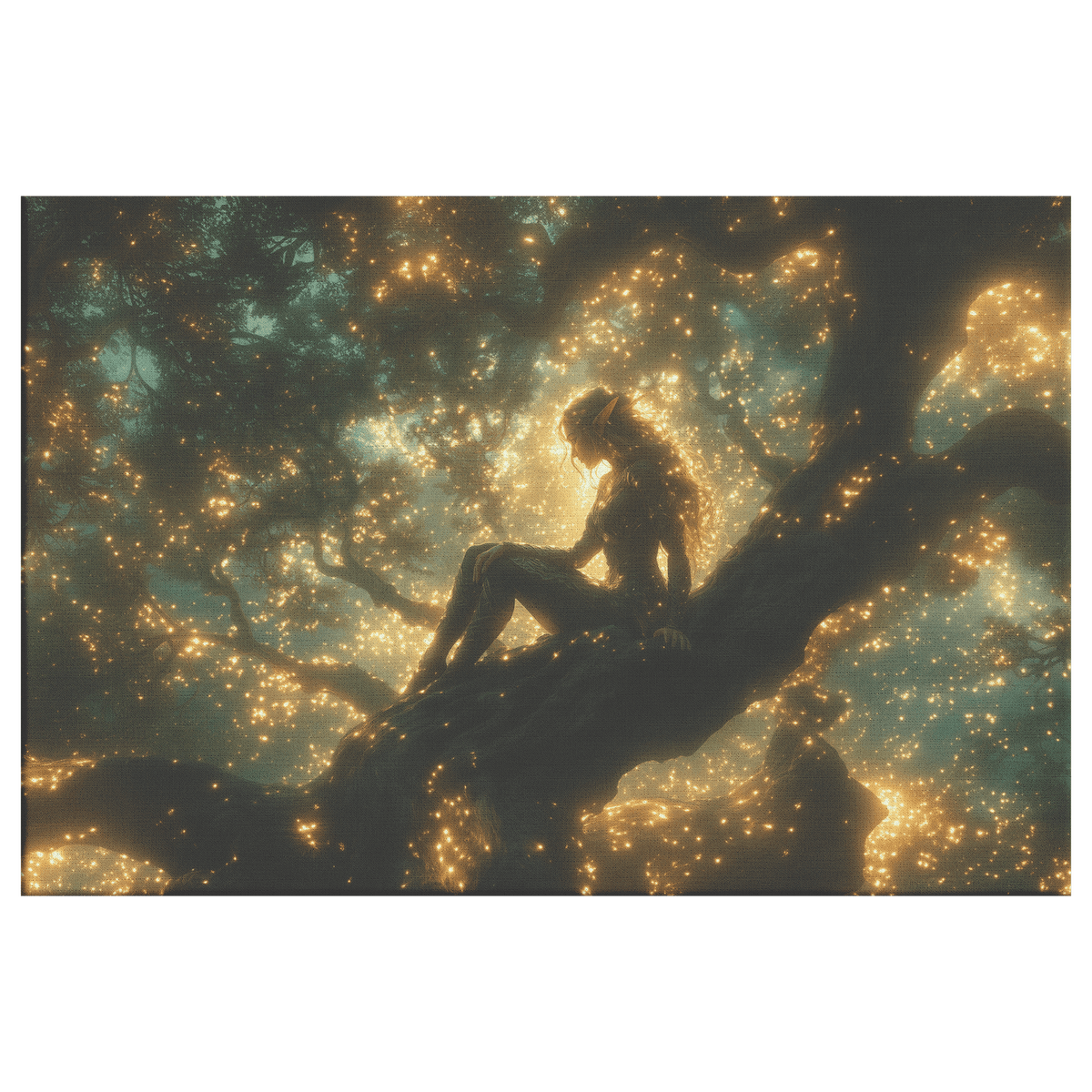 Female Blood Elf Hunter Perched on Treetop Shimmering Green Textures Cascading Golden Highlights Canvas Wall Art - Awakening Righteousness