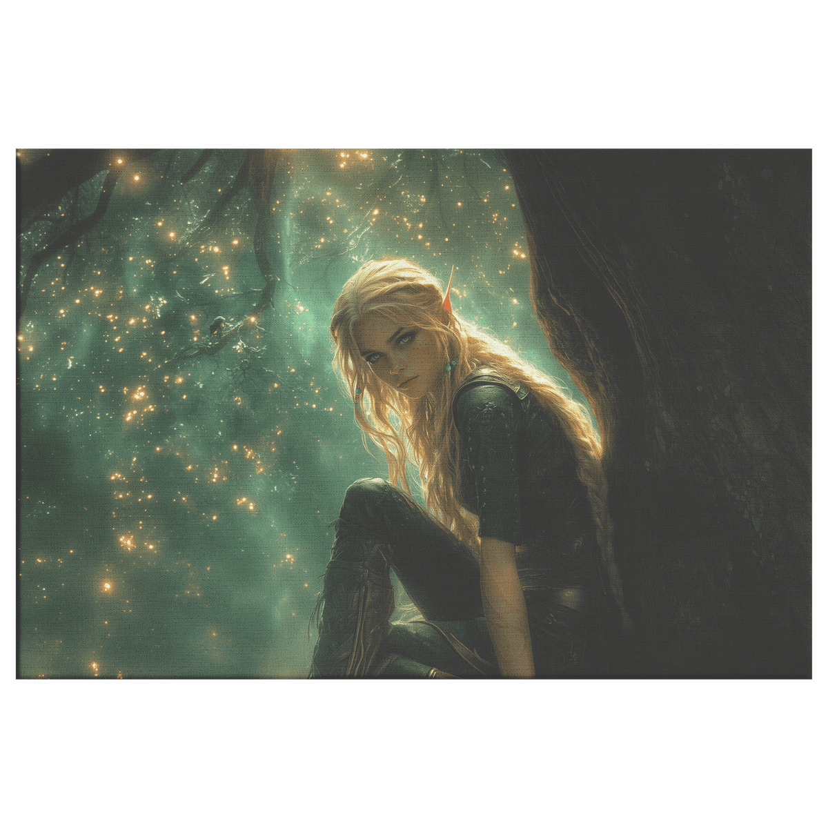 Female Blood Elf Hunter Perched on Treetop Shimmering Green Textures Cascading Golden Highlights Canvas Wall Art - Awakening Righteousness