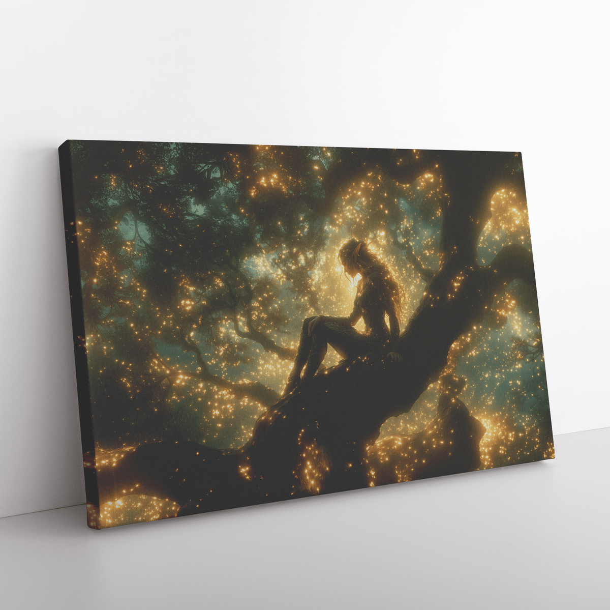Female Blood Elf Hunter Perched on Treetop Shimmering Green Textures Cascading Golden Highlights Canvas Wall Art - Awakening Righteousness