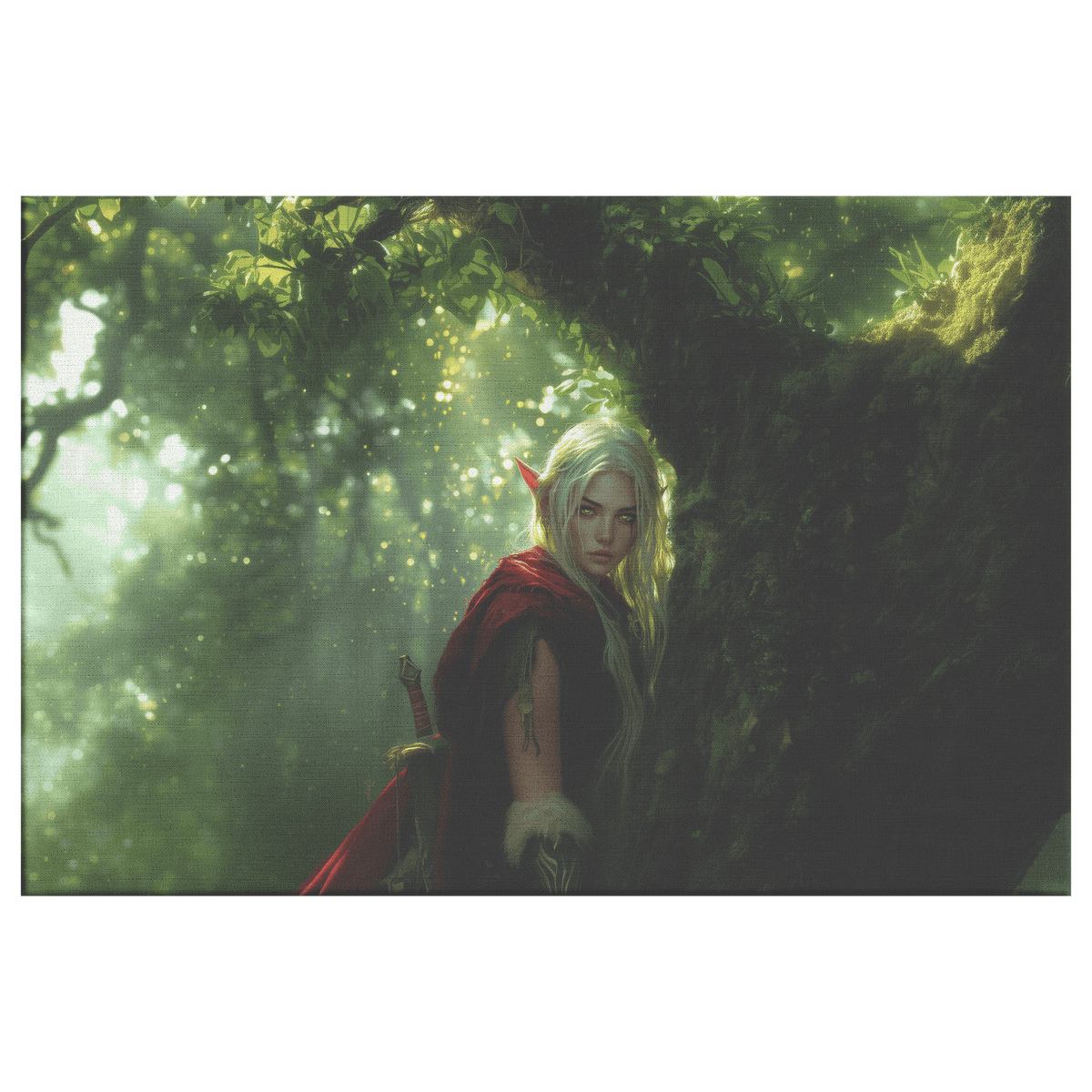 Female Blood Elf Hunter Perched on Treetop Shimmering Green Textures Cascading Golden Highlights Canvas Wall Art - Awakening Righteousness