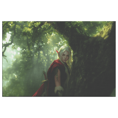 Female Blood Elf Hunter Perched on Treetop Shimmering Green Textures Cascading Golden Highlights Canvas Wall Art - Awakening Righteousness