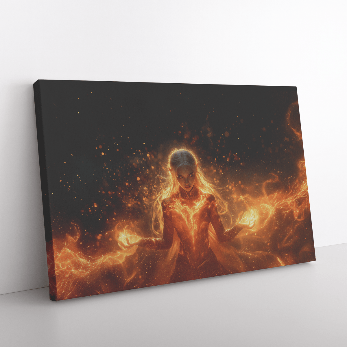 Female Blood Elf Mage Casting Fireball Radiant Red Orange Trails Shimmering Golden Textures Cascading Stars Canvas Art - Awakening Righteousness