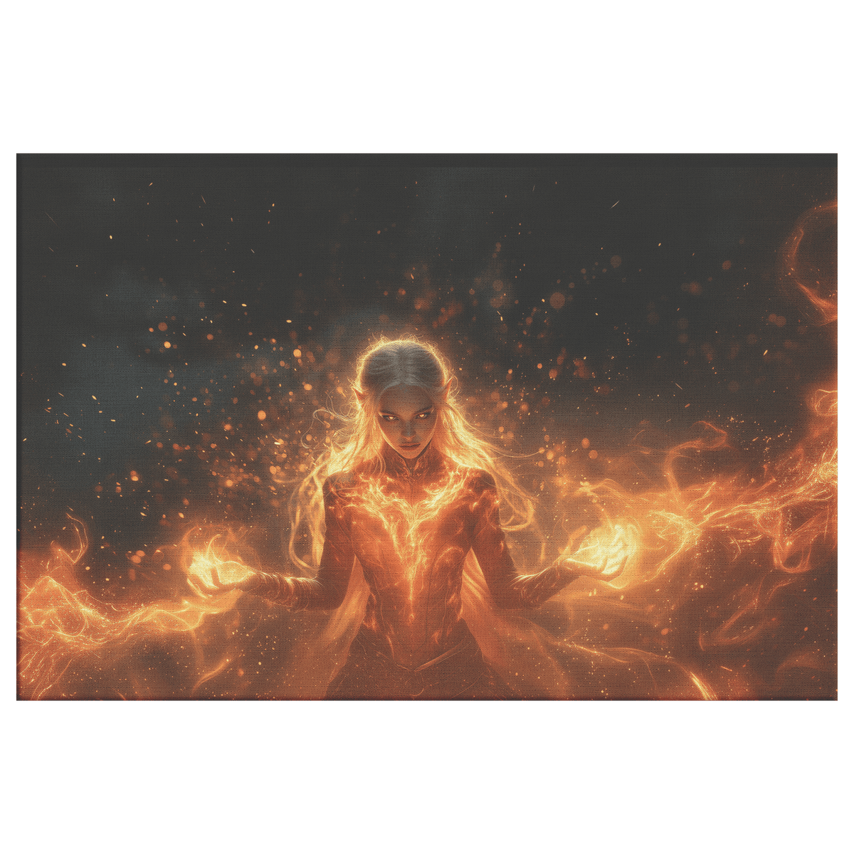 Female Blood Elf Mage Casting Fireball Radiant Red Orange Trails Shimmering Golden Textures Cascading Stars Canvas Art - Awakening Righteousness