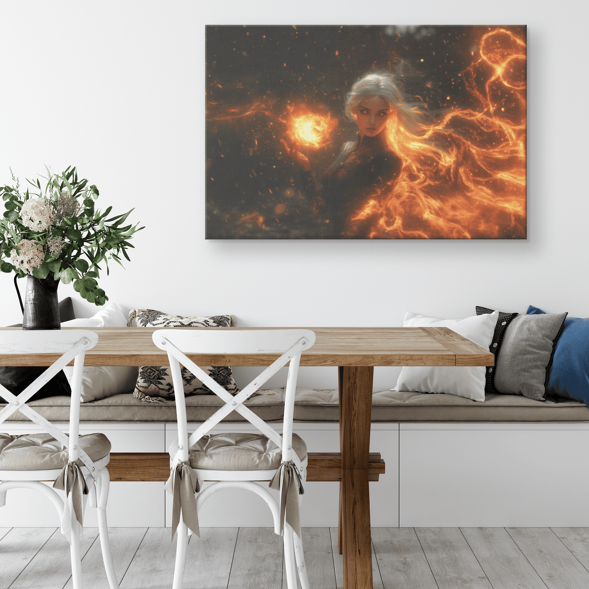 Female Blood Elf Mage Casting Fireball Red Orange Trails Shimmering Golden Textures Cascading Stars Canvas Wall Art - Awakening Righteousness