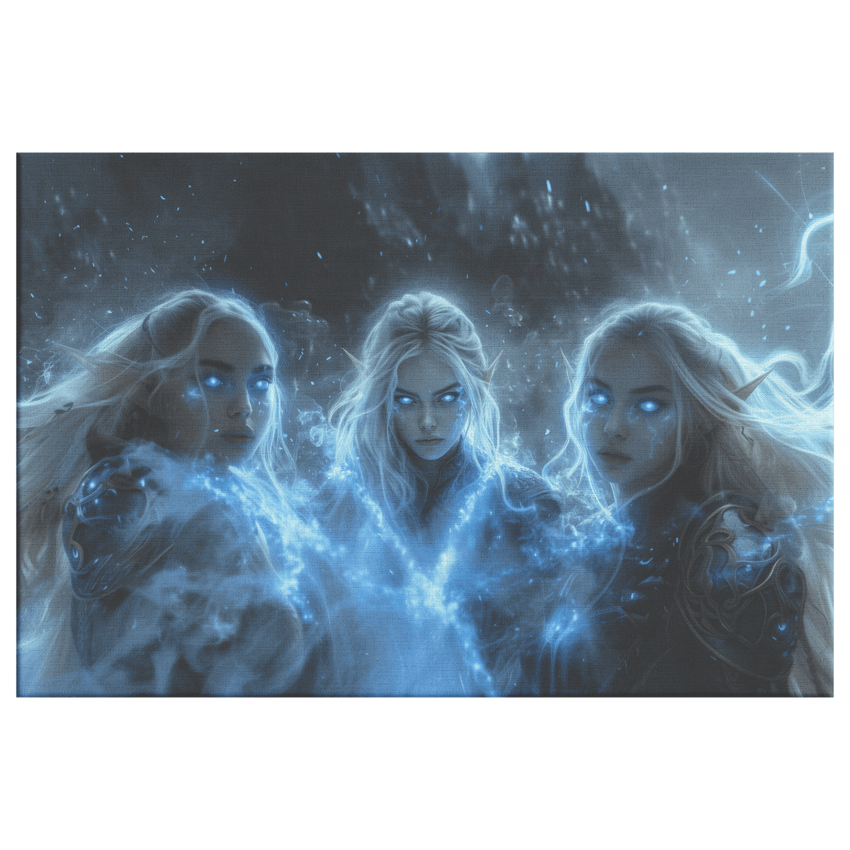 Female Blood Elf Mage Channeling Frost Magic Shimmering Blue Mist Radiant Silver Highlights Canvas Wall Art - Awakening Righteousness