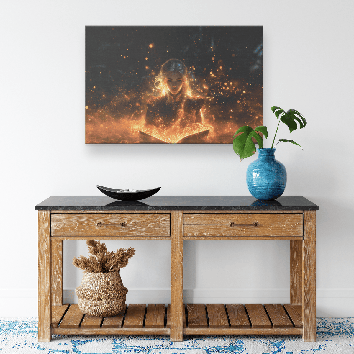 Female Blood Elf Mage Conjuring Arcane Shields Shimmering Stars Radiant Cosmic Textures Canvas Wall Art - Awakening Righteousness