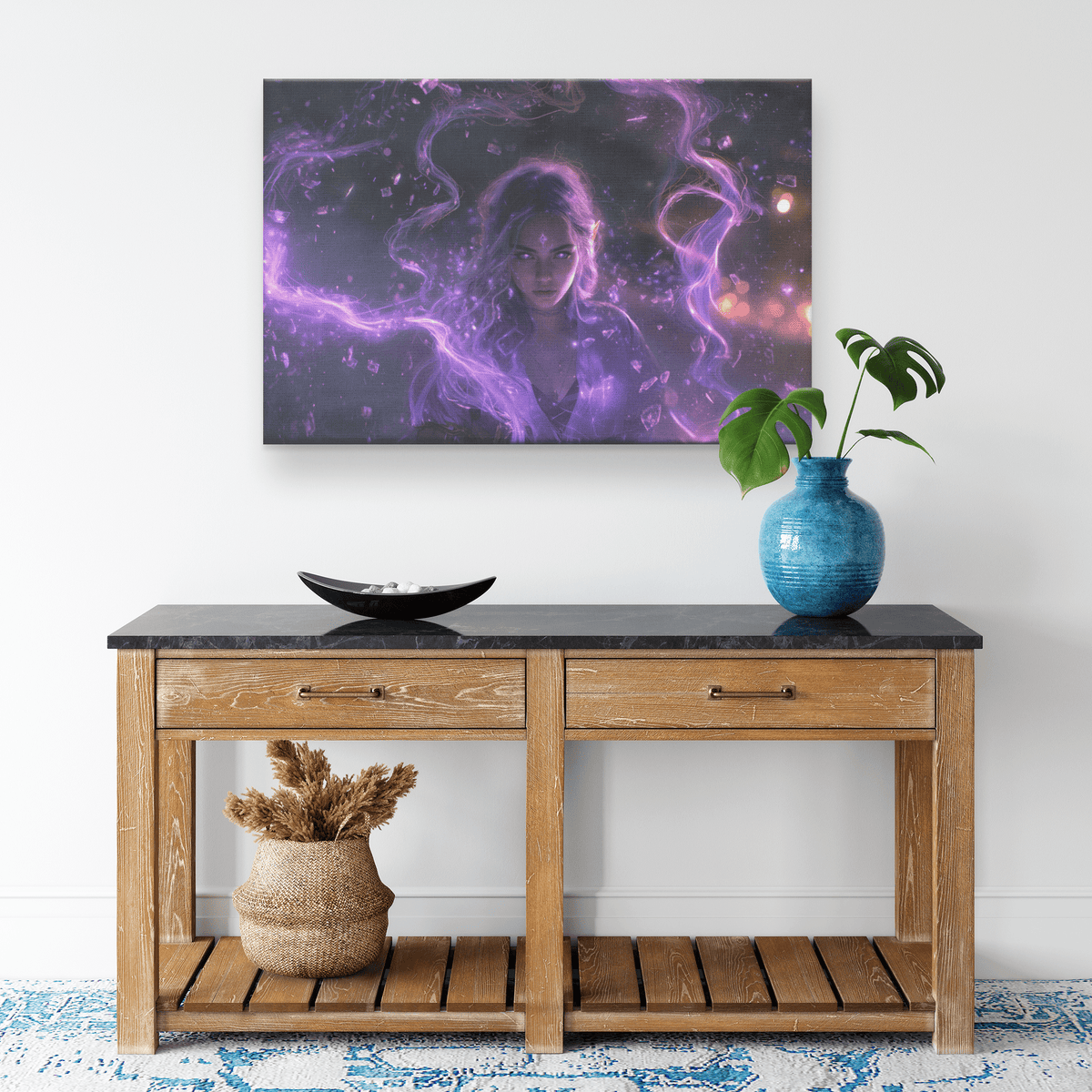 Female Blood Elf Mage Glowing Purple Robes Shimmering Cosmic Textures Radiant Arcane Symbols Canvas Wall Art - Awakening Righteousness