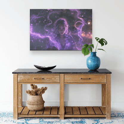 Female Blood Elf Mage Glowing Purple Robes Shimmering Cosmic Textures Radiant Arcane Symbols Canvas Wall Art - Awakening Righteousness