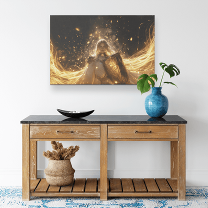 Female Blood Elf Paladin Gold Crimson Armor Glowing Rune Shield Radiant Golden Light Trails Canvas Wall Art - Awakening Righteousness