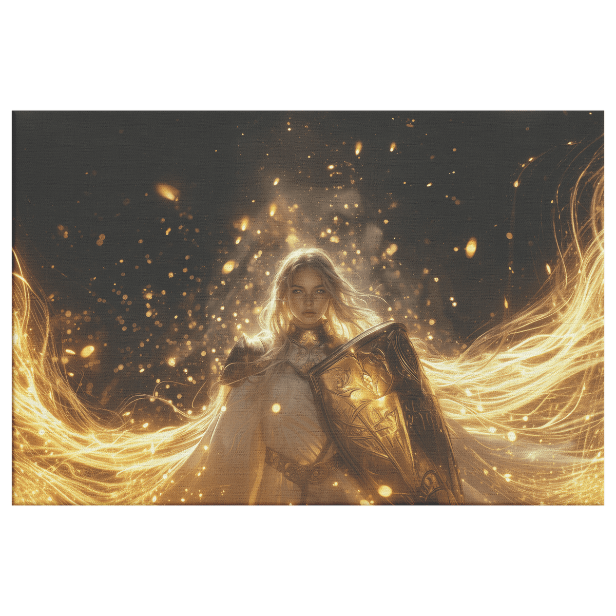 Female Blood Elf Paladin Gold Crimson Armor Glowing Rune Shield Radiant Golden Light Trails Canvas Wall Art - Awakening Righteousness