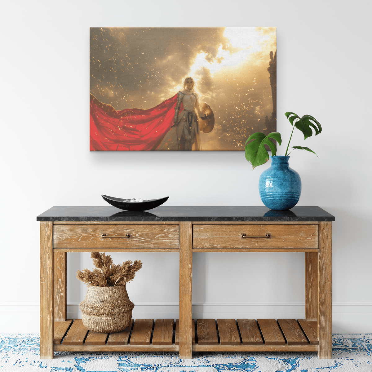 Female Blood Elf Paladin Silver Red Plate Armor Shield Golden Glow Shimmering Textures Cascading Light Trails Canvas Art - Awakening Righteousness