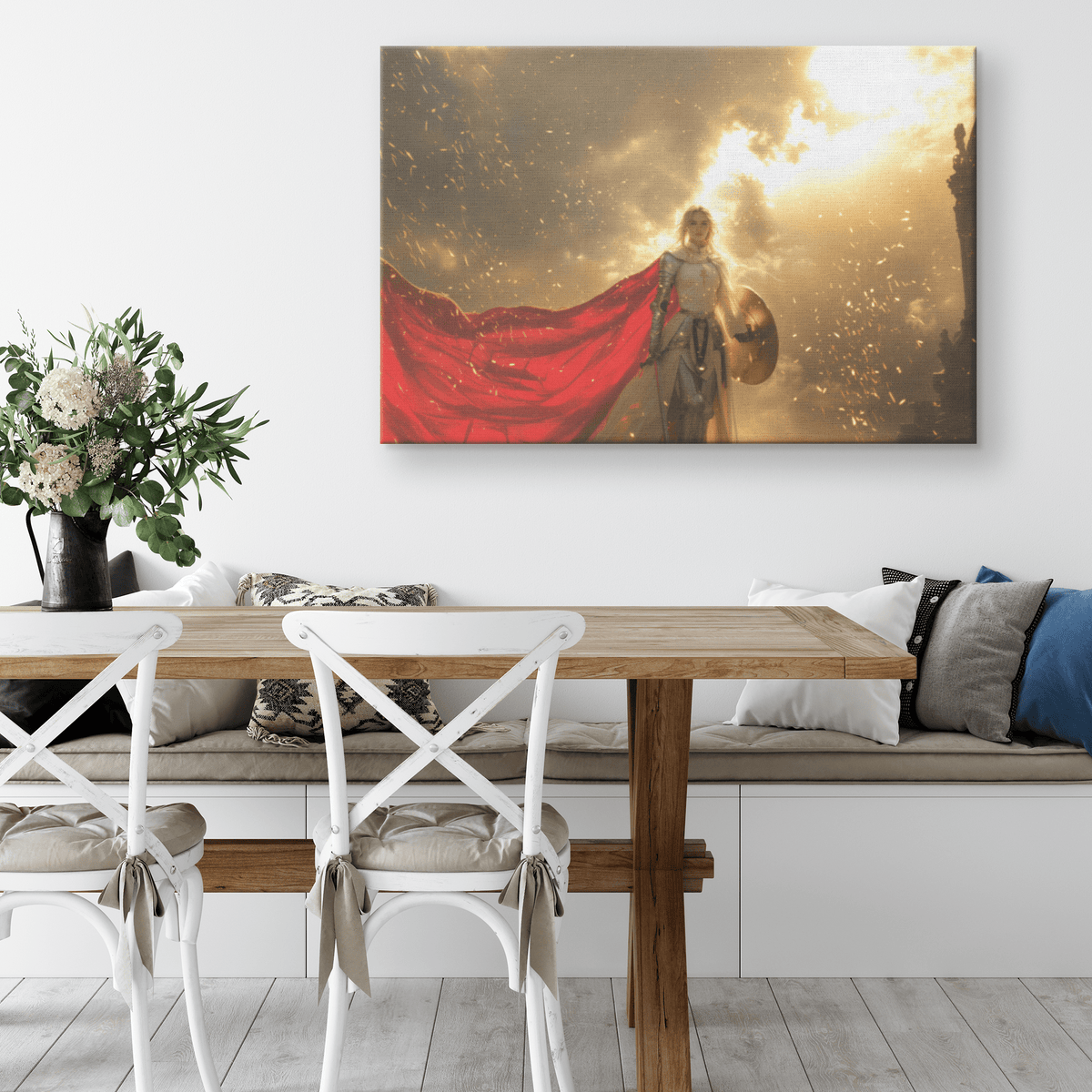 Female Blood Elf Paladin Silver Red Plate Armor Shield Golden Glow Shimmering Textures Cascading Light Trails Canvas Art - Awakening Righteousness