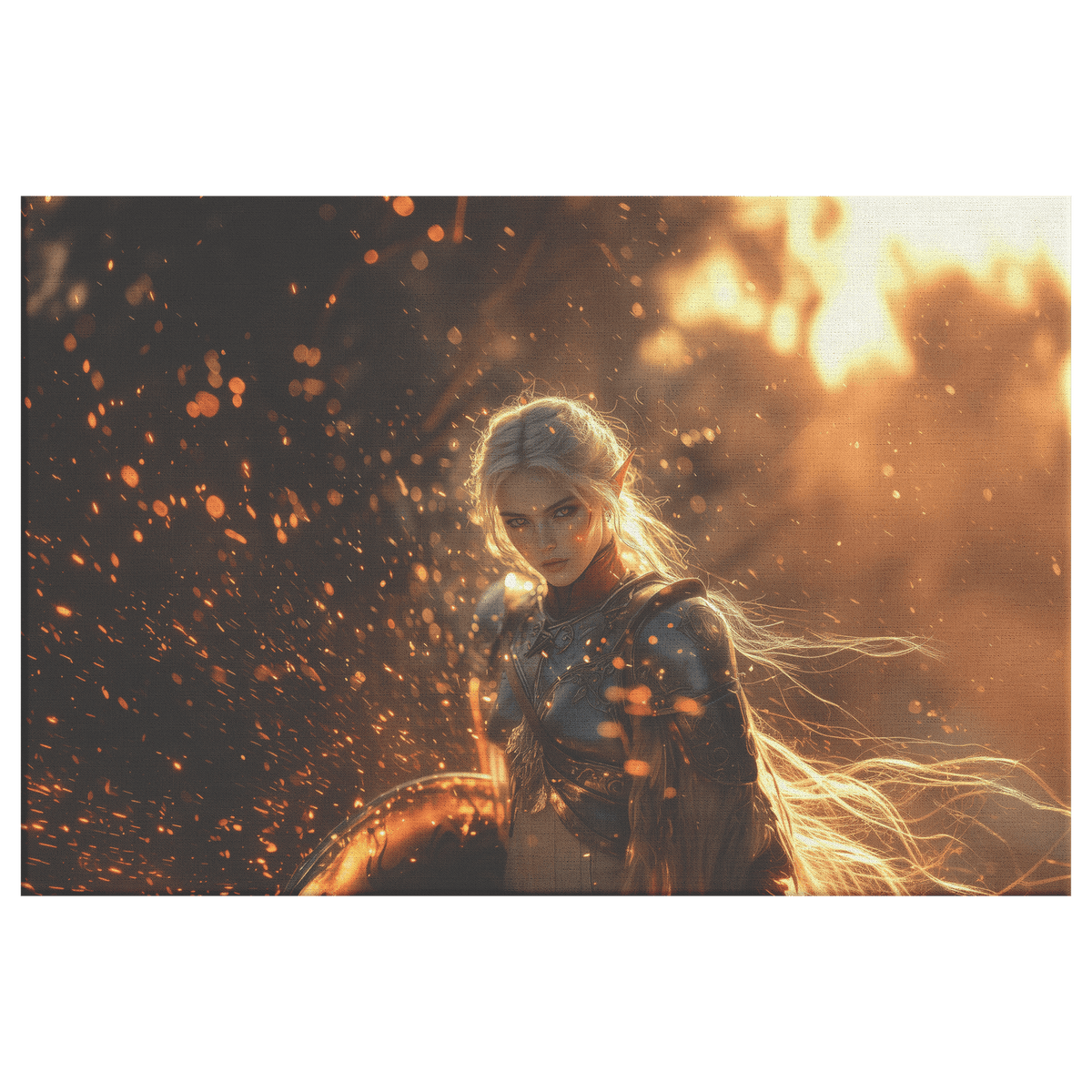 Female Blood Elf Paladin Silver Red Plate Armor Shield Golden Glow Shimmering Textures Cascading Light Trails Canvas Wall Art - Awakening Righteousness