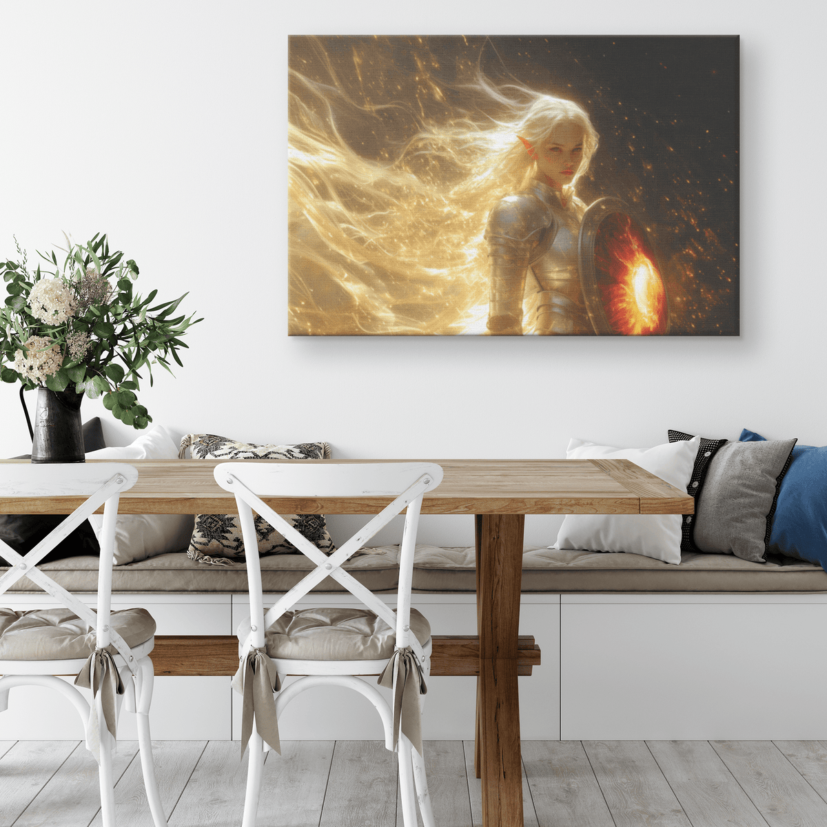 Female Blood Elf Paladin Silver Red Plate Armor Shield Golden Glow Shimmering Textures Cascading Light Trails Canvas Wall Art - Awakening Righteousness