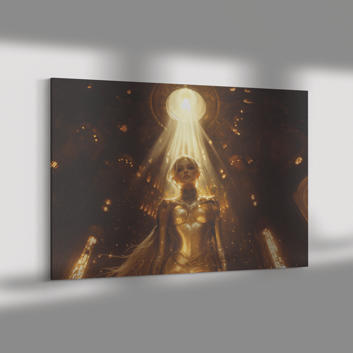 Female Blood Elf Paladin Standing in Sunlit Temple Golden Armor Intricate Patterns Shimmering Light Radiant Accents Canvas - Awakening Righteousness