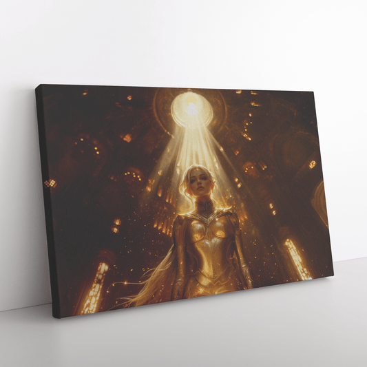 Female Blood Elf Paladin Standing in Sunlit Temple Golden Armor Intricate Patterns Shimmering Light Radiant Accents Canvas - Awakening Righteousness
