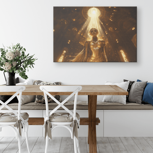 Female Blood Elf Paladin Standing in Sunlit Temple Golden Armor Intricate Patterns Shimmering Light Radiant Accents Canvas - Awakening Righteousness