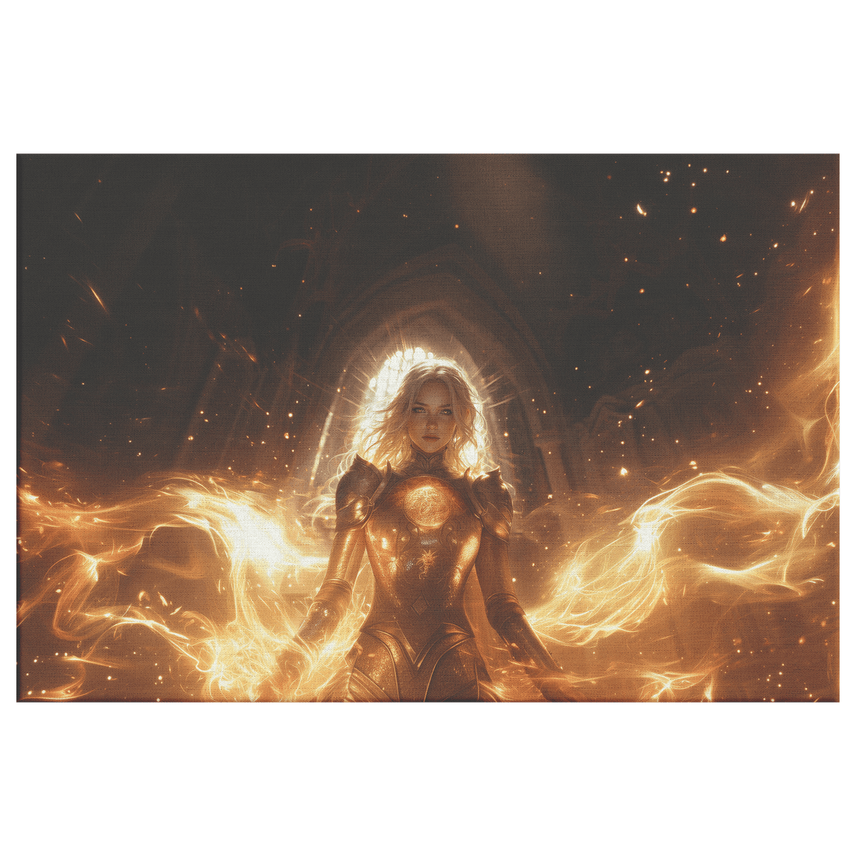 Female Blood Elf Paladin Sunlit Temple Golden Armor Intricate Patterns Shimmering Light Rays Radiant Accents Canvas Wall Art - Awakening Righteousness