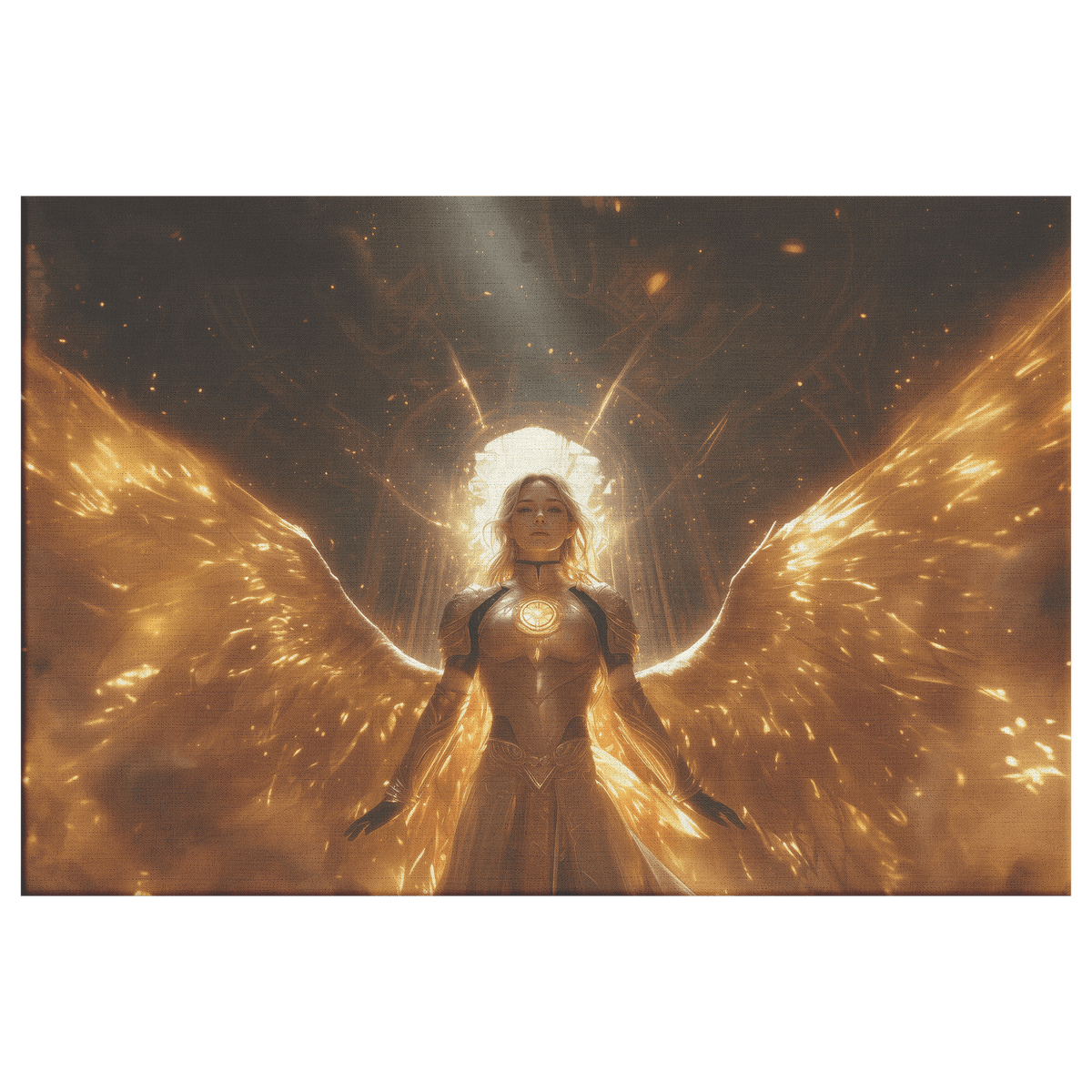 Female Blood Elf Paladin Sunlit Temple Golden Armor Intricate Patterns Shimmering Light Rays Radiant Accents Canvas Wall Art - Awakening Righteousness