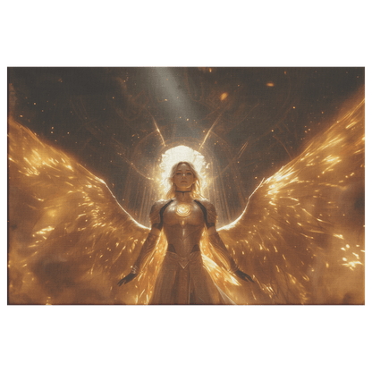 Female Blood Elf Paladin Sunlit Temple Golden Armor Intricate Patterns Shimmering Light Rays Radiant Accents Canvas Wall Art - Awakening Righteousness