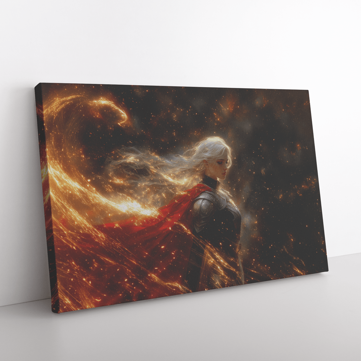 Female Blood Elf Priest Summoning Holy Light Radiant Silver Gold Accents Shimmering Stars Cascading Textures Canvas Wall Art - Awakening Righteousness