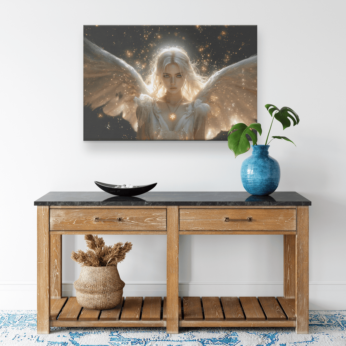 Female Blood Elf Priest Summoning Holy Light Silver Gold Accents Shimmering Stars Cascading Texture Canvas Wall Art - Awakening Righteousness