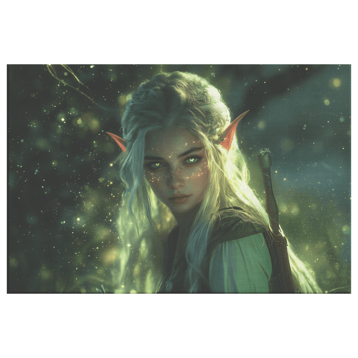 Female Blood Elf Rogue Crouching in Shadows Shimmering Silver Highlights Glowing Cosmic Textures Canvas Wall Art - Awakening Righteousness