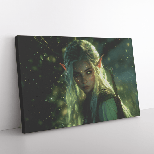 Female Blood Elf Rogue Crouching in Shadows Shimmering Silver Highlights Glowing Cosmic Textures Canvas Wall Art - Awakening Righteousness