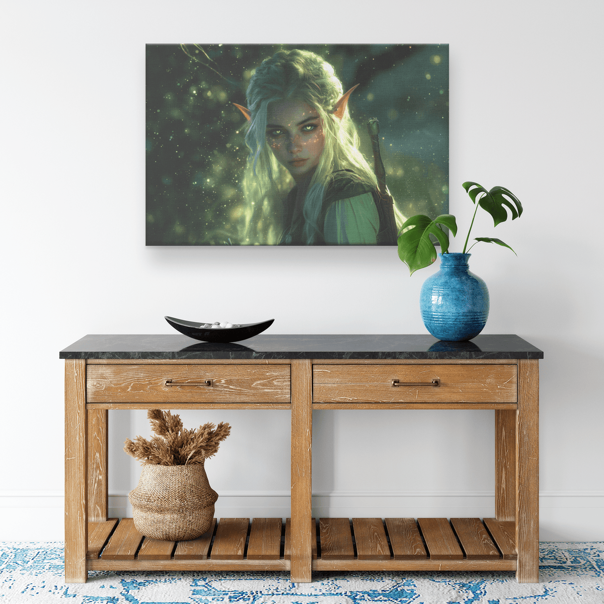 Female Blood Elf Rogue Crouching in Shadows Shimmering Silver Highlights Glowing Cosmic Textures Canvas Wall Art - Awakening Righteousness