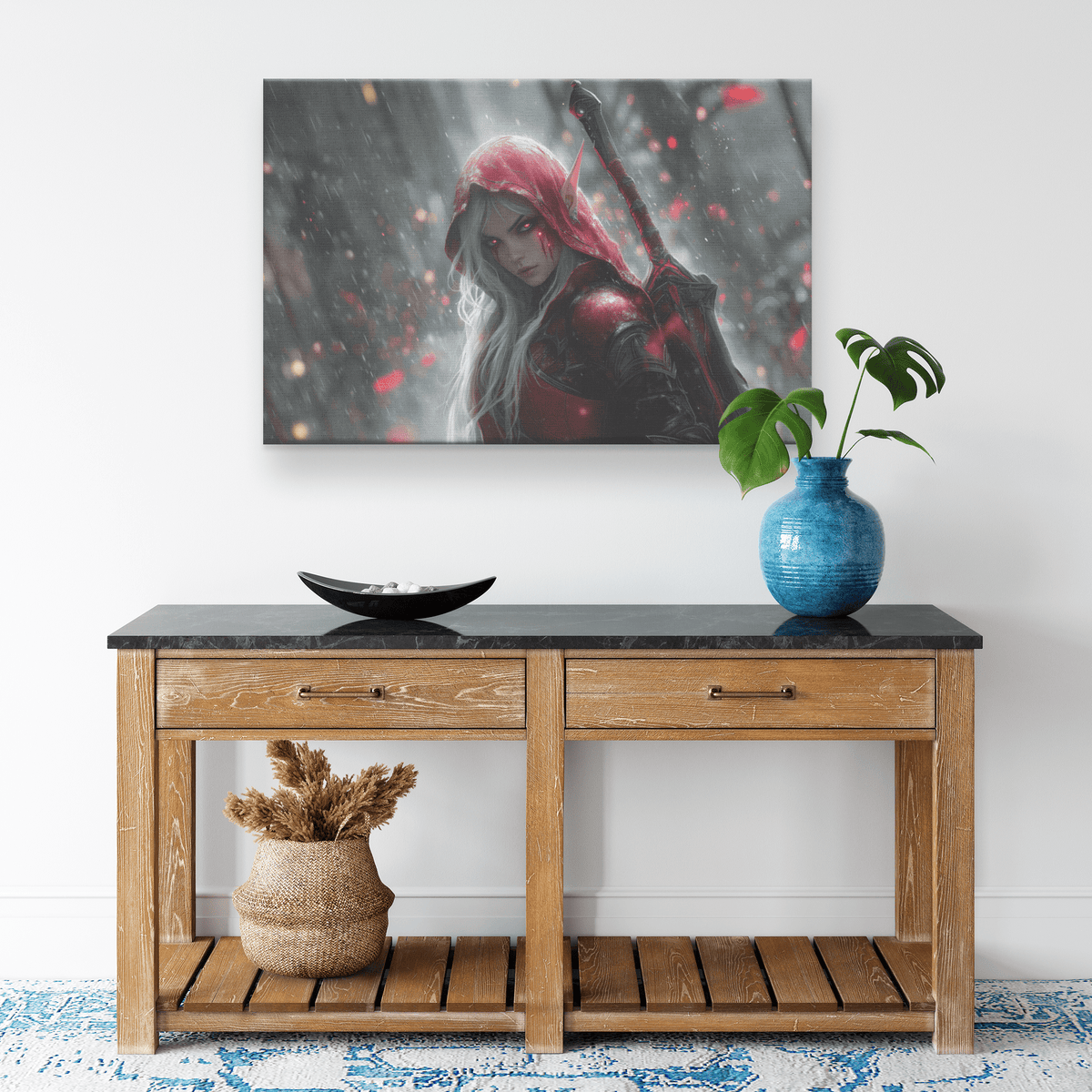 Female Blood Elf Rogue Glowing Silver Daggers Shimmering Mist Radiant Cosmic Reflections Canvas Wall Art - Awakening Righteousness
