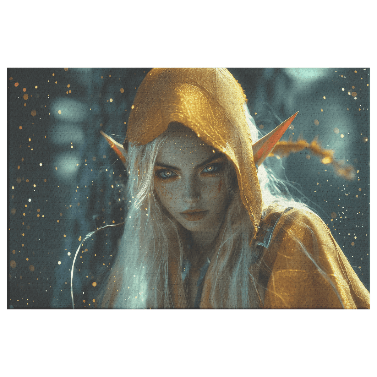 Female Blood Elf Rogue Hidden in Shadows Shimmering Golden Highlights Cascading Silver Reflections Canvas Wall Art - Awakening Righteousness