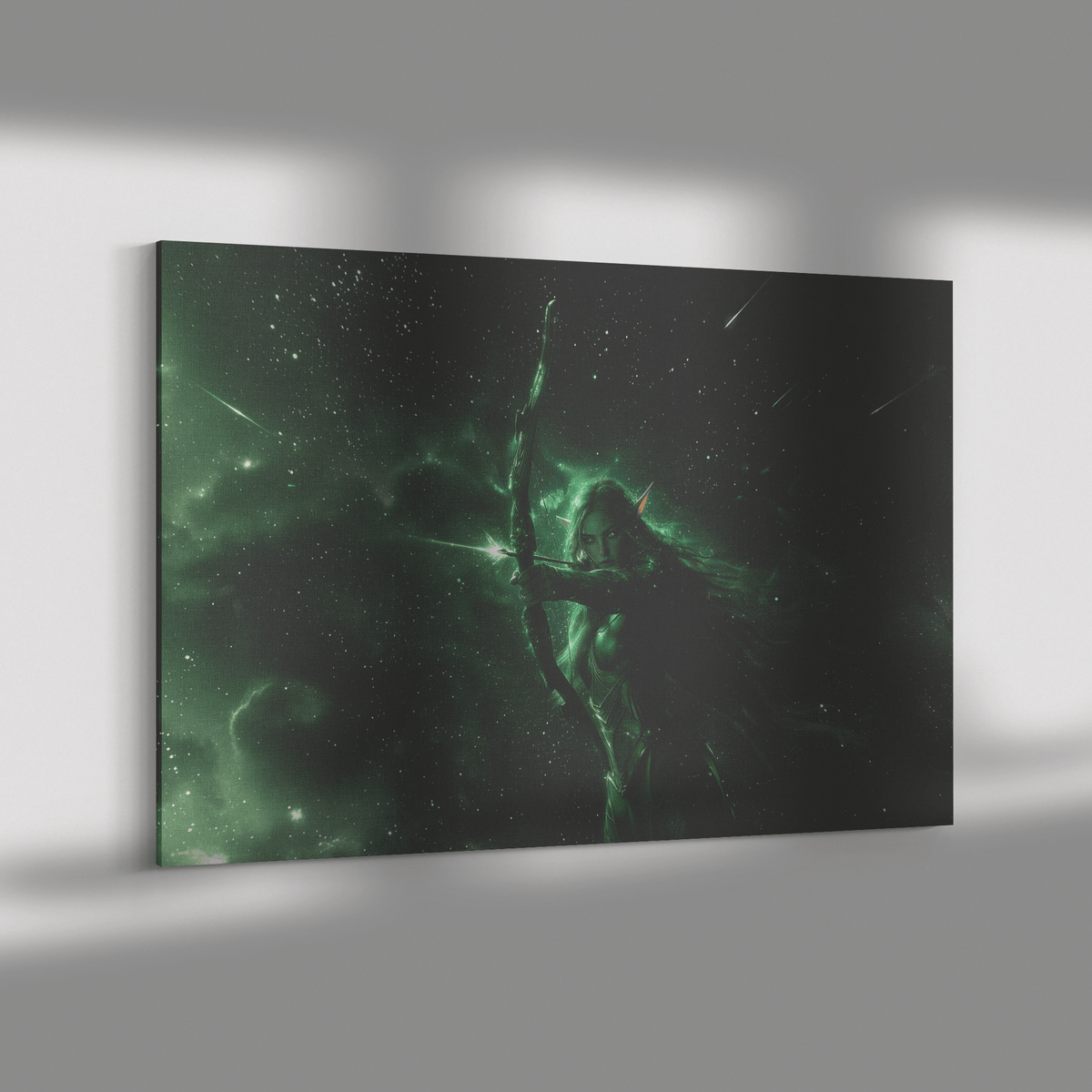 Female Night Elf Hunter Green Silver Armor Glowing Bow Shimmering Stars Cascading Light Trails WoW Canvas Wall Art Decor - Awakening Righteousness