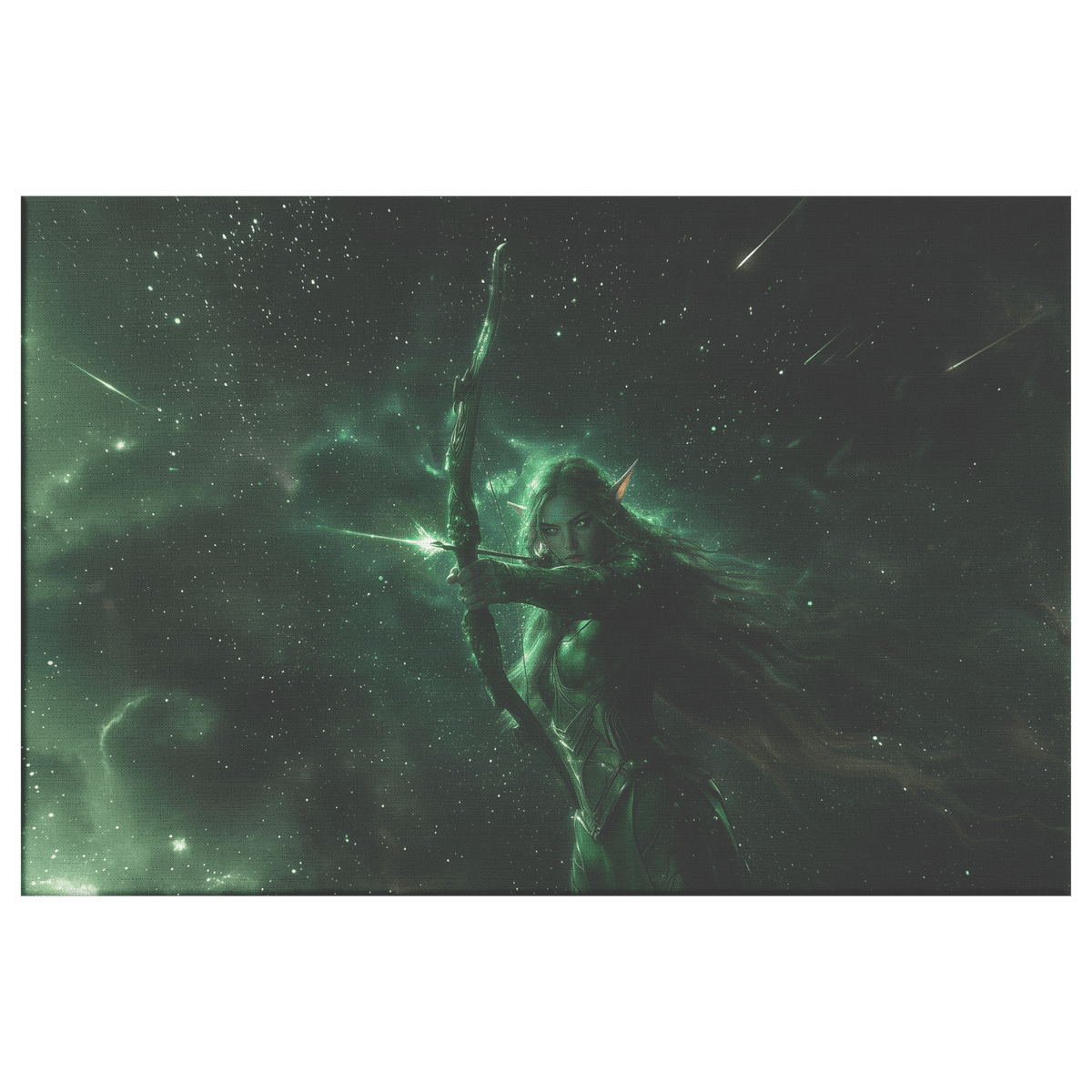 Female Night Elf Hunter Green Silver Armor Glowing Bow Shimmering Stars Cascading Light Trails WoW Canvas Wall Art Decor - Awakening Righteousness