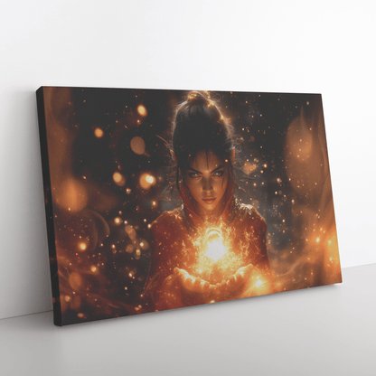 Female Night Elf Mage Summoning Glowing Fireball Shimmering Textures Radiant Golden Reflections Canvas Wall Art - Awakening Righteousness