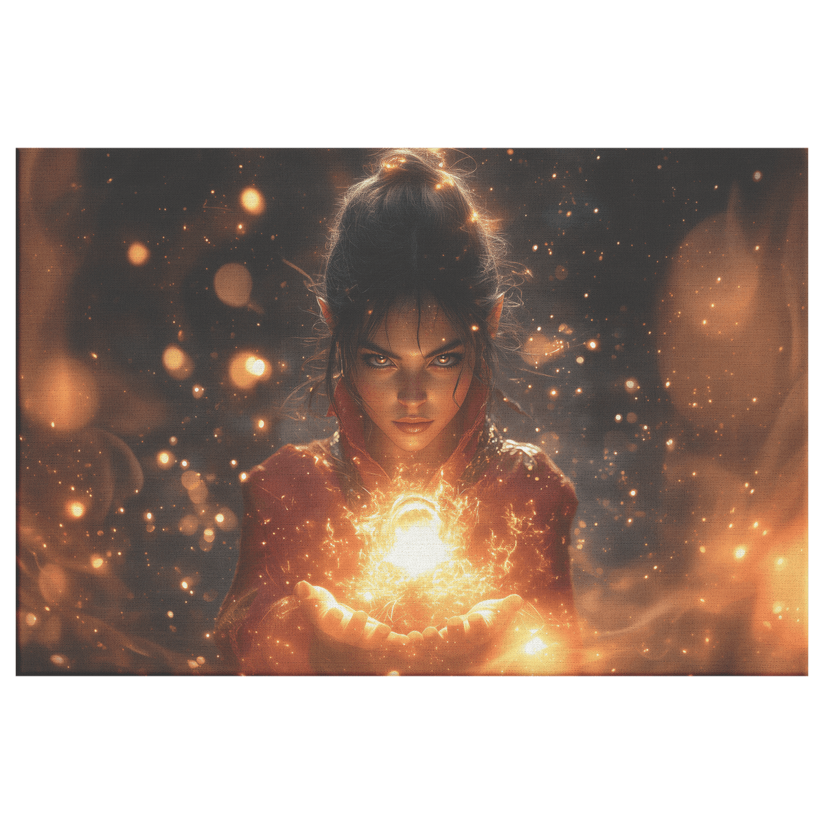 Female Night Elf Mage Summoning Glowing Fireball Shimmering Textures Radiant Golden Reflections Canvas Wall Art - Awakening Righteousness