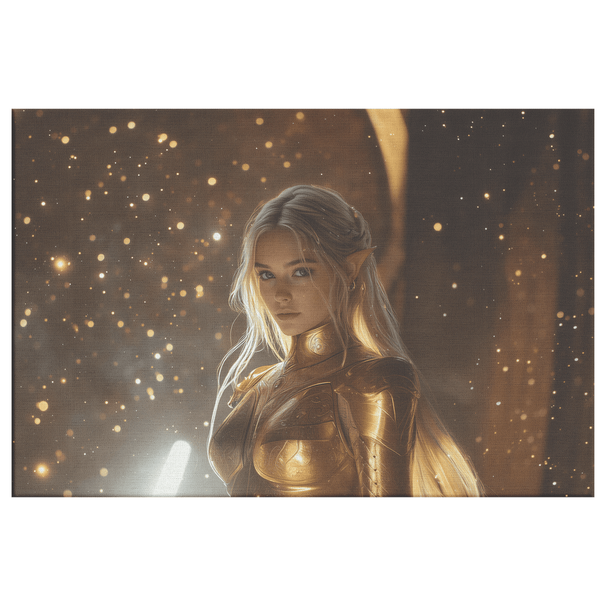 Female Night Elf Paladin Golden Armor Shimmering Stars Glowing Cosmic Reflections Canvas Wall Art - Awakening Righteousness