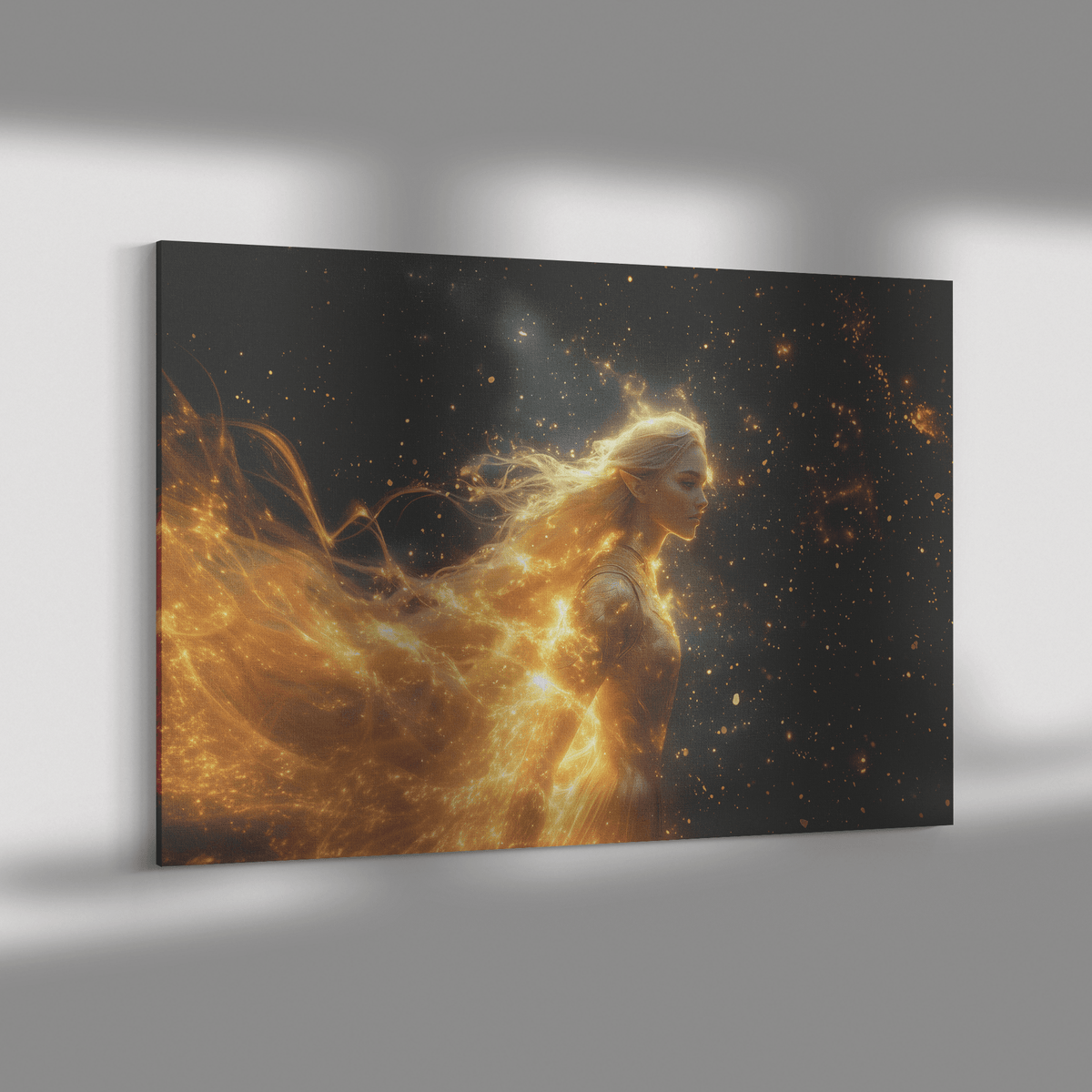 Female Night Elf Paladin Golden Armor Shimmering Stars Glowing Cosmic Reflections Canvas Wall Art - Awakening Righteousness