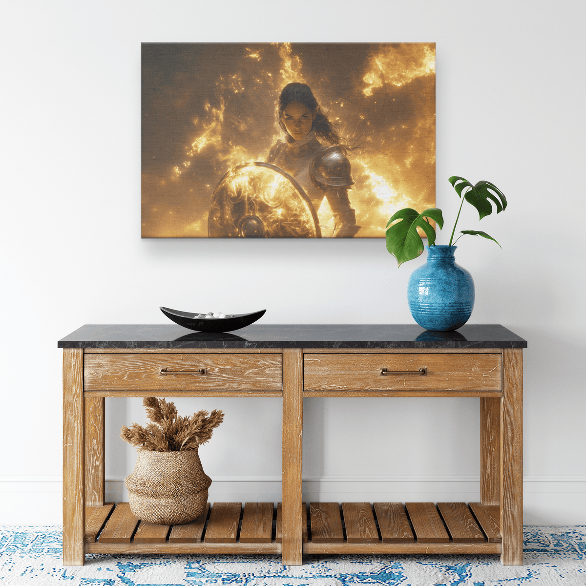Female Night Elf Paladin Silver Gold Plate Armor Shield Radiant Light Shimmering Cosmic Mist Canvas Wall Art - Awakening Righteousness