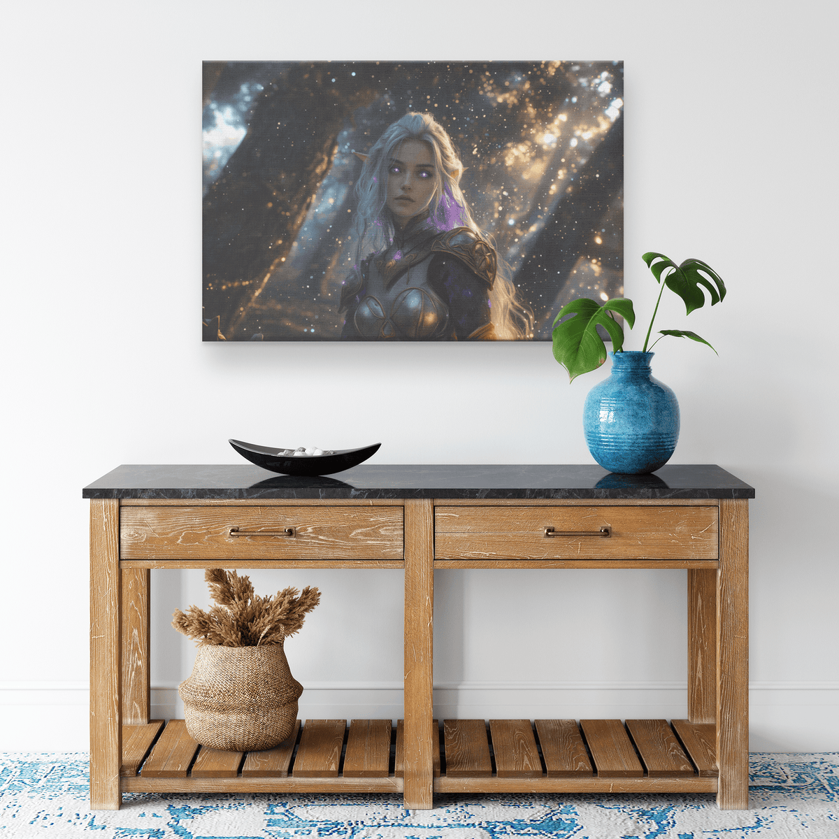 Female Night Elf Paladin Silver Purple Armor Glowing Golden Accents Shimmering Silver Light Cascading Stars Canvas Wall Art - Awakening Righteousness