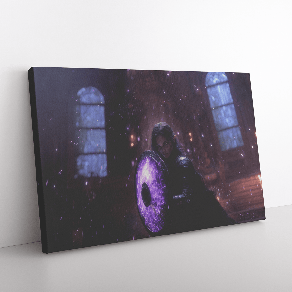 Female Night Elf Paladin Wielding Glowing Shield Shimmering Textures Cascading Silver Highlights Canvas Wall Art - Awakening Righteousness