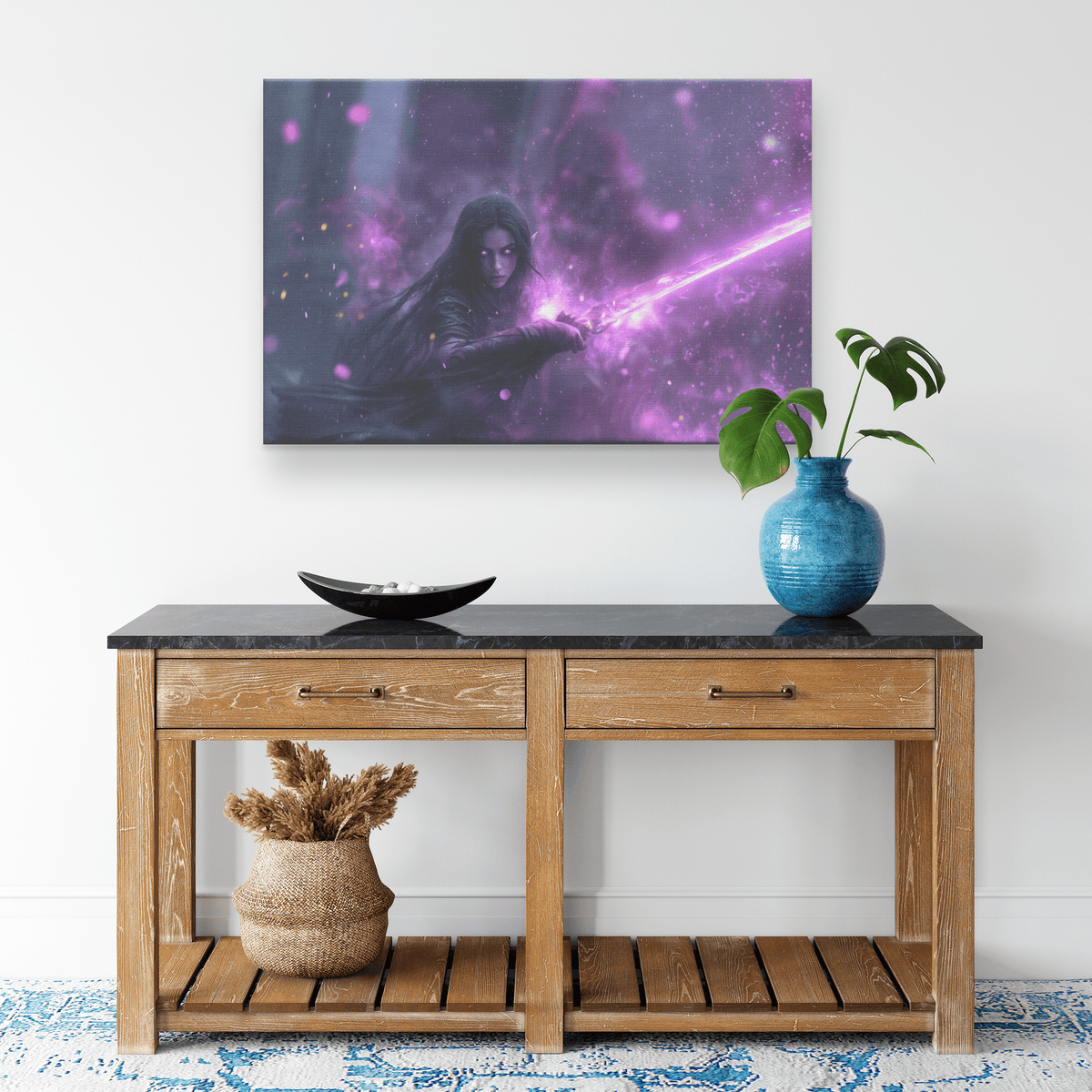 Female Night Elf Paladin Wielding Glowing Warhammer Shimmering Mist Radiant Purple Highlights Canvas Wall Art - Awakening Righteousness