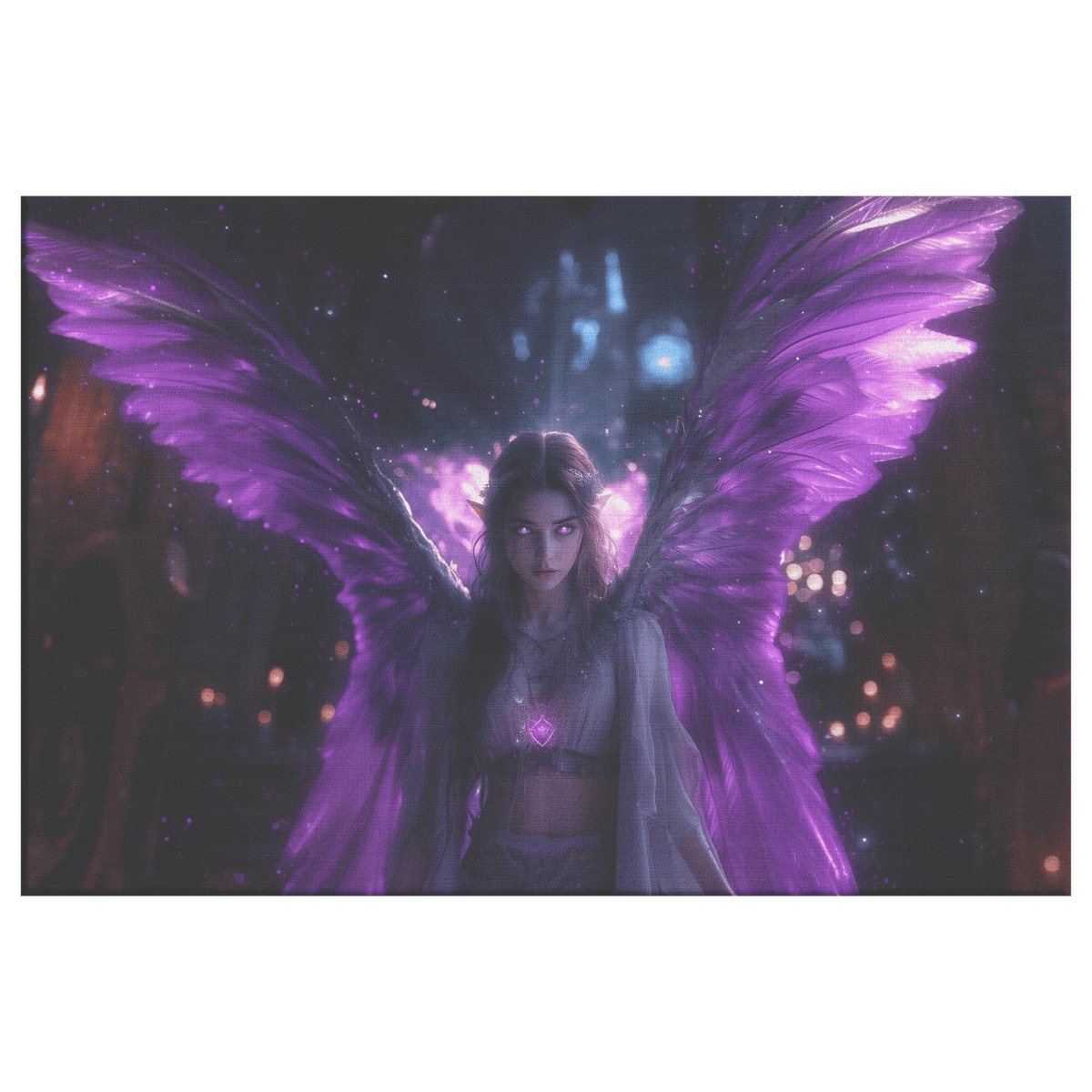 Female Night Elf Priest Glowing Silver Wings Blessing Spell Shimmering Textures Cascading Purple Highlights Canvas Wall Art - Awakening Righteousness