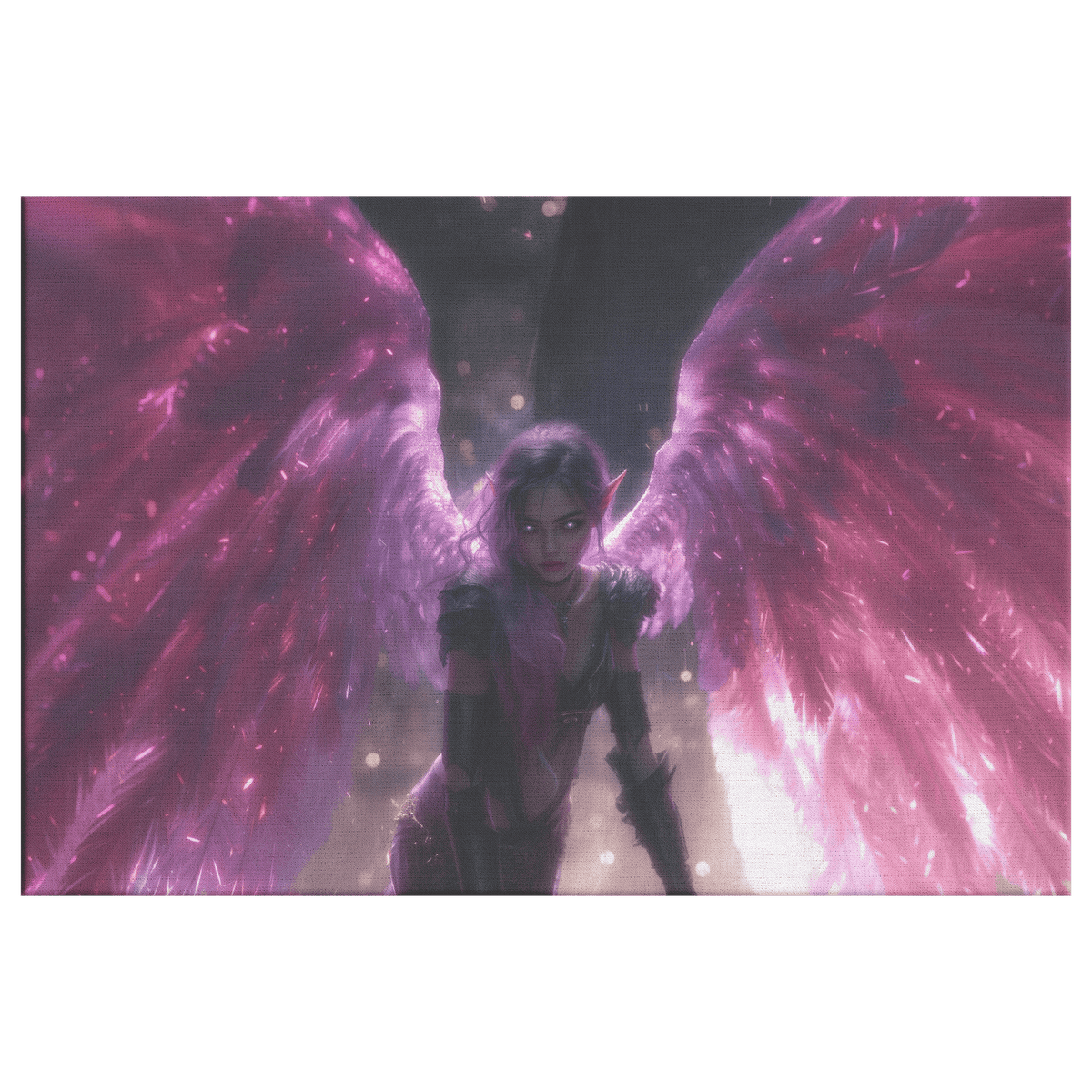 Female Night Elf Priest Glowing Silver Wings Casting Blessing Spell Shimmering Textures Cascading Purple Highlights Canvas Wall Art - Awakening Righteousness