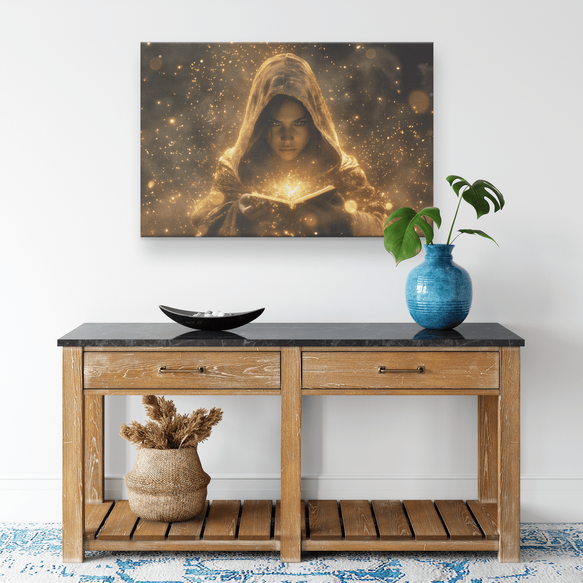 Female Night Elf Priest Summoning Protective Shield Shimmering Stars Radiant Golden Textures Canvas Wall Art - Awakening Righteousness