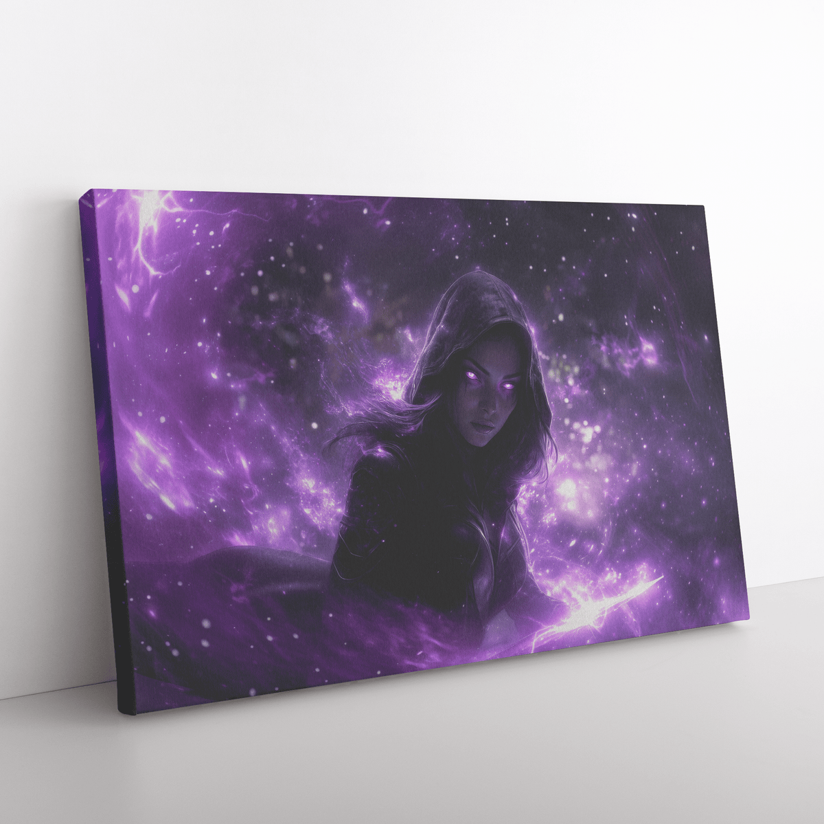Female Night Elf Rogue Black Leather Armor Glowing Twin Daggers Shimmering Purple Mist Silver Light Canvas Wall Art - Awakening Righteousness