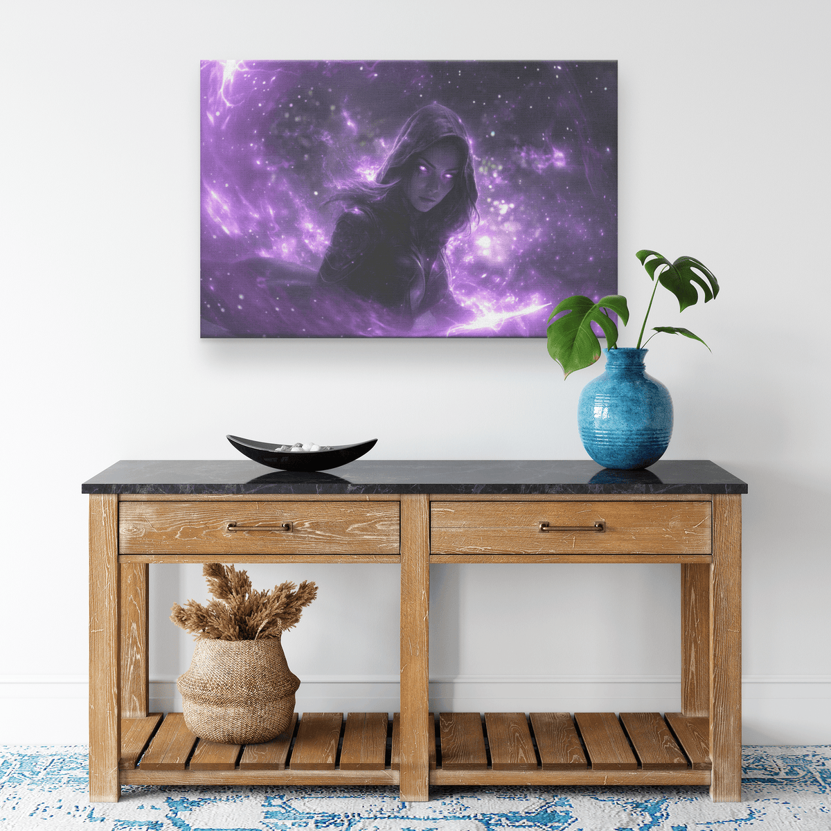 Female Night Elf Rogue Black Leather Armor Glowing Twin Daggers Shimmering Purple Mist Silver Light Canvas Wall Art - Awakening Righteousness