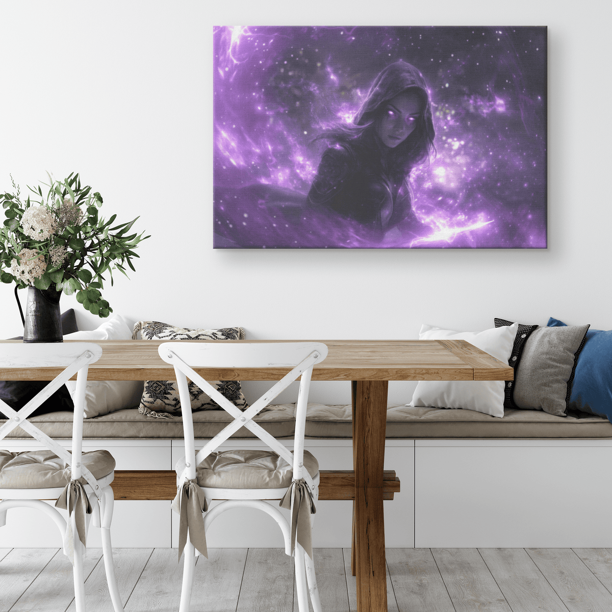 Female Night Elf Rogue Black Leather Armor Glowing Twin Daggers Shimmering Purple Mist Silver Light Canvas Wall Art - Awakening Righteousness