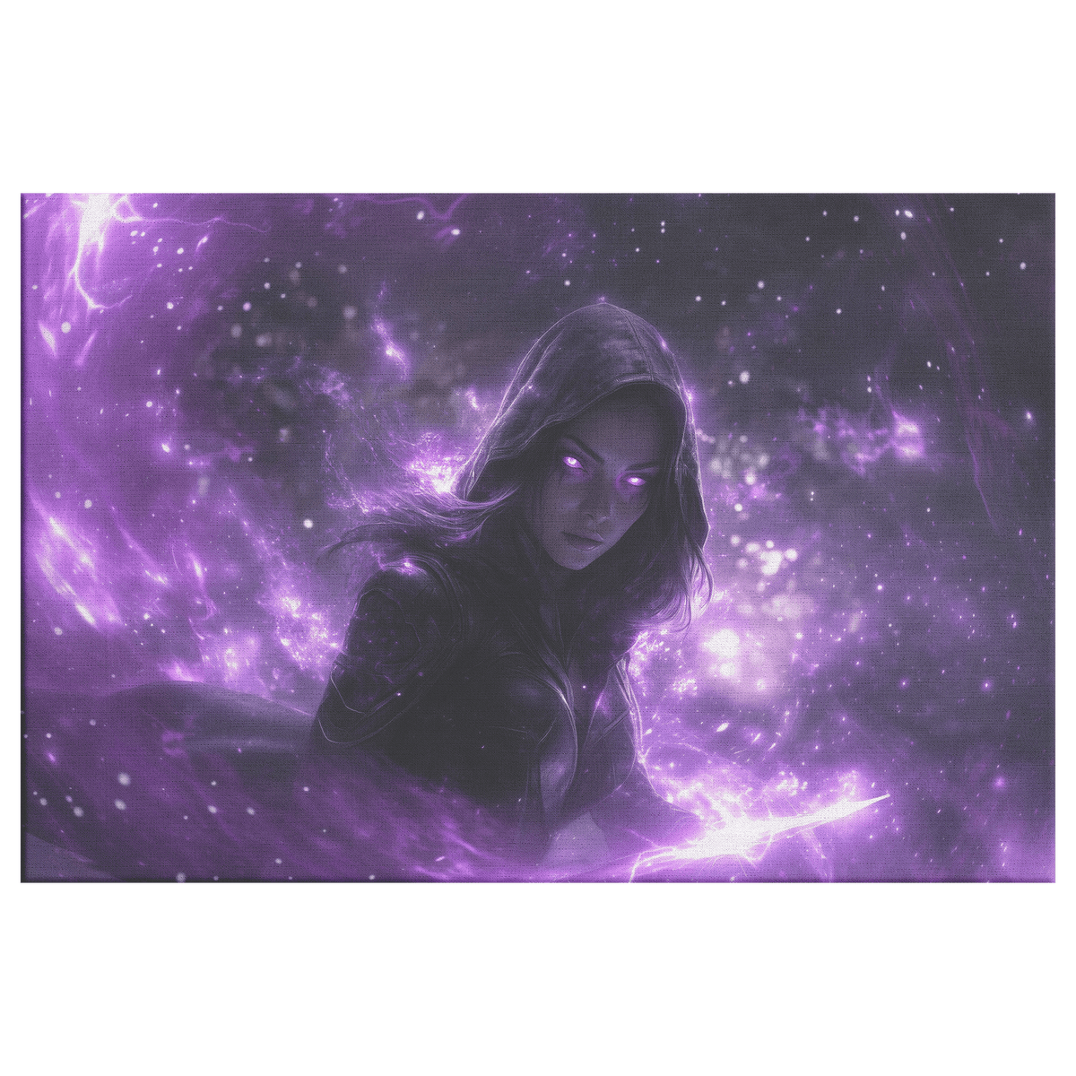 Female Night Elf Rogue Black Leather Armor Glowing Twin Daggers Shimmering Purple Mist Silver Light Canvas Wall Art - Awakening Righteousness