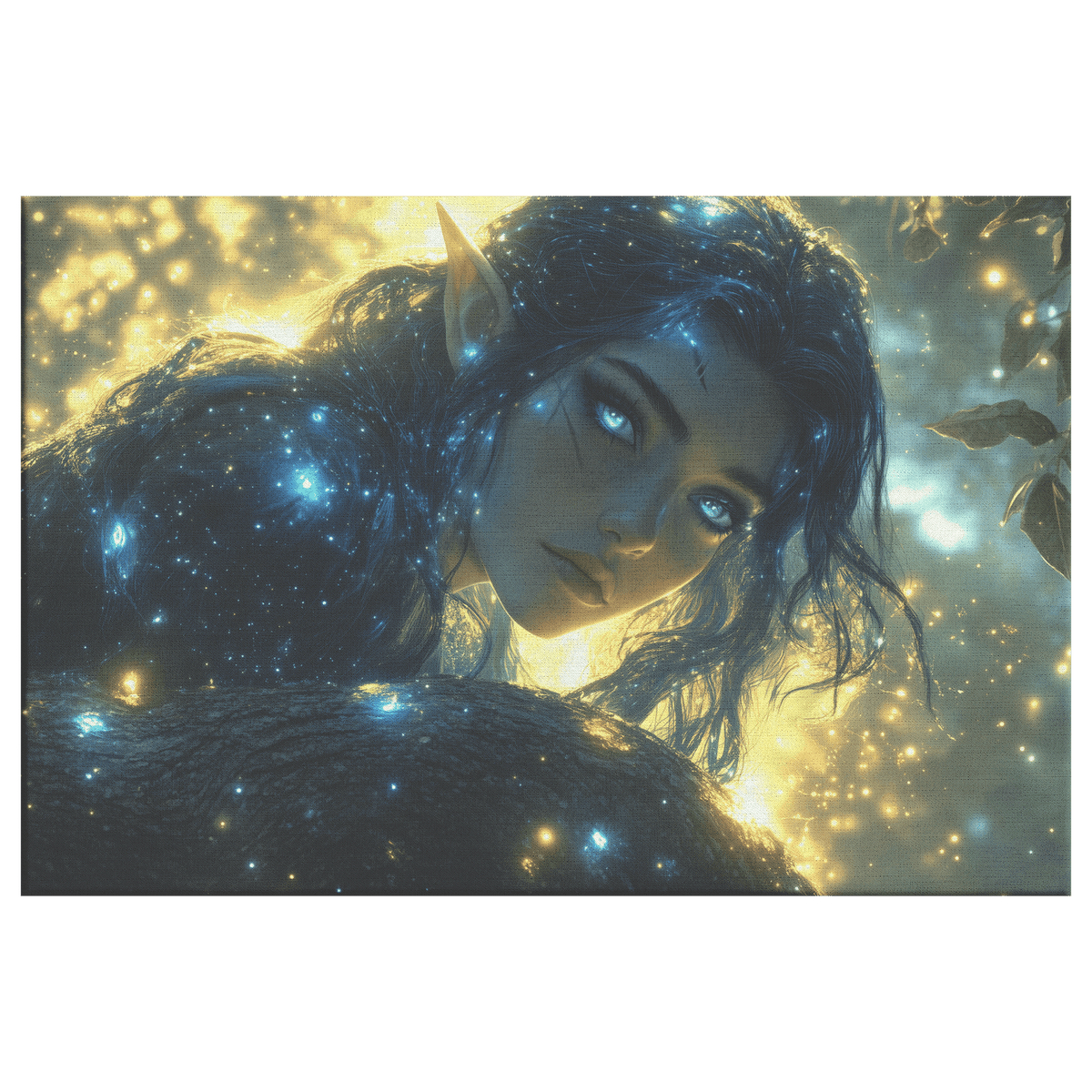 Female Night Elf Rogue Crouching on Treetop Dense Forest Shimmering Stars Radiant Cosmic Textures Canvas Wall Art - Awakening Righteousness